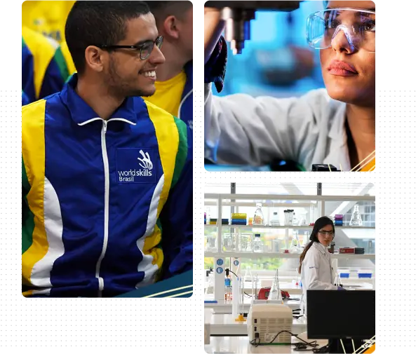 Montagem com três imagens: um jovem sorridente com uniforme do WorldSkills Brasil, uma mulher trabalhando em um laboratório e uma cientista operando um equipamento.